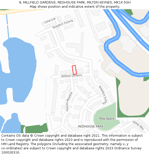 8, MILLFIELD GARDENS, REDHOUSE PARK, MILTON KEYNES, MK14 5GH: Location map and indicative extent of plot