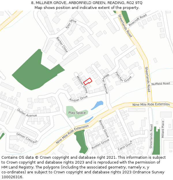 8, MILLINER GROVE, ARBORFIELD GREEN, READING, RG2 9TQ: Location map and indicative extent of plot