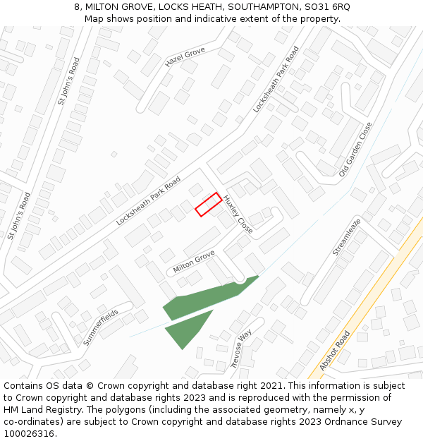 8, MILTON GROVE, LOCKS HEATH, SOUTHAMPTON, SO31 6RQ: Location map and indicative extent of plot