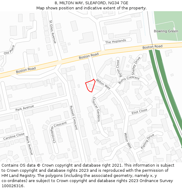 8, MILTON WAY, SLEAFORD, NG34 7GE: Location map and indicative extent of plot