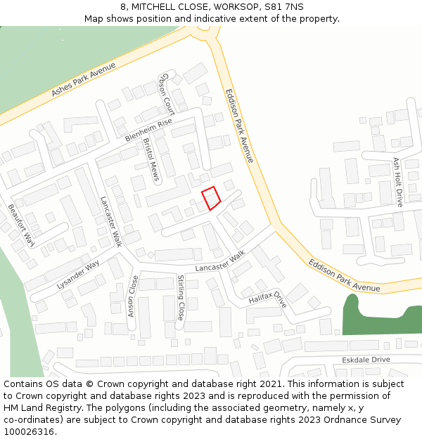 8, MITCHELL CLOSE, WORKSOP, S81 7NS: Location map and indicative extent of plot