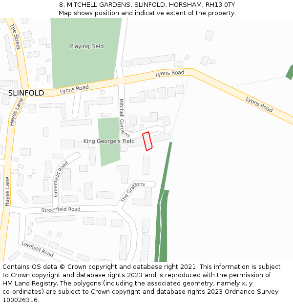 8, MITCHELL GARDENS, SLINFOLD, HORSHAM, RH13 0TY: Location map and indicative extent of plot