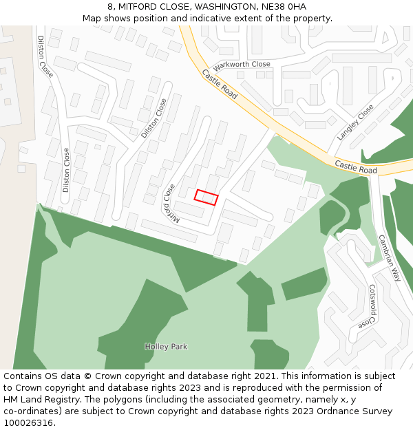 8, MITFORD CLOSE, WASHINGTON, NE38 0HA: Location map and indicative extent of plot