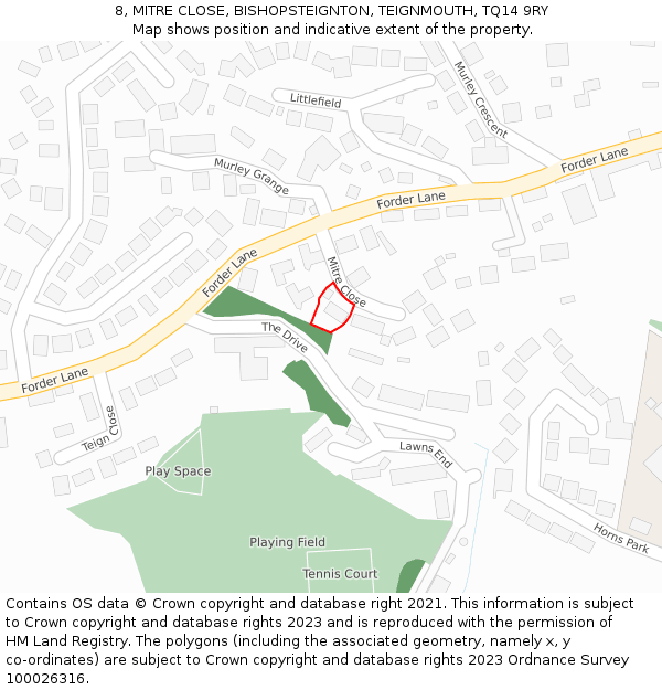 8, MITRE CLOSE, BISHOPSTEIGNTON, TEIGNMOUTH, TQ14 9RY: Location map and indicative extent of plot