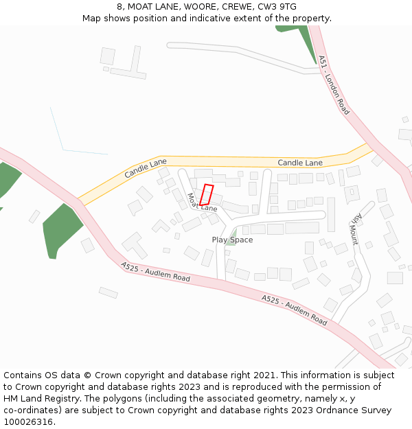 8, MOAT LANE, WOORE, CREWE, CW3 9TG: Location map and indicative extent of plot
