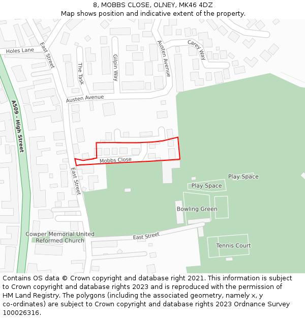 8, MOBBS CLOSE, OLNEY, MK46 4DZ: Location map and indicative extent of plot