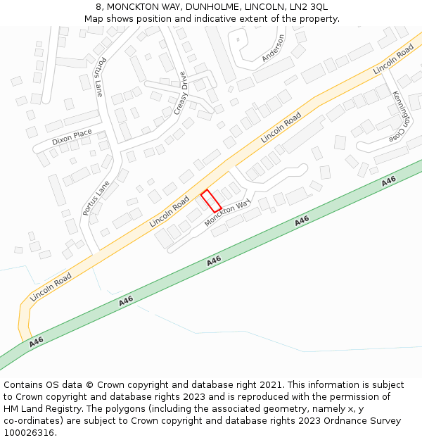 8, MONCKTON WAY, DUNHOLME, LINCOLN, LN2 3QL: Location map and indicative extent of plot