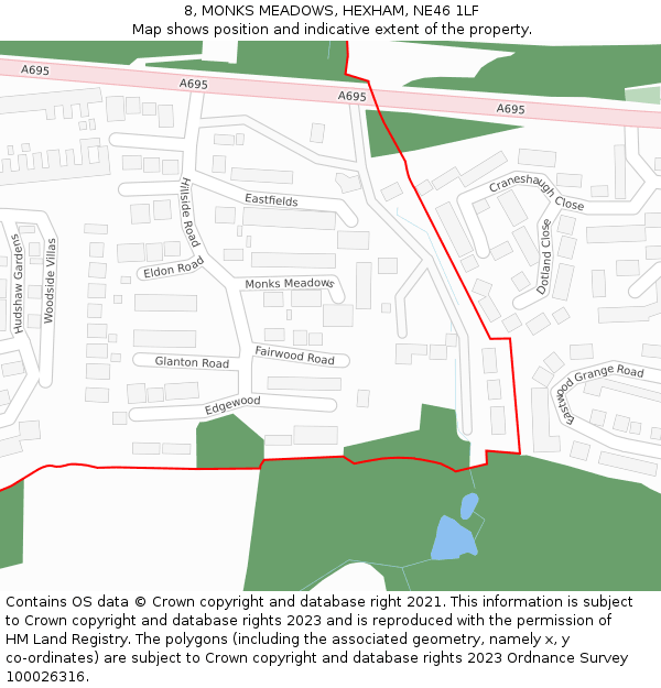 8, MONKS MEADOWS, HEXHAM, NE46 1LF: Location map and indicative extent of plot