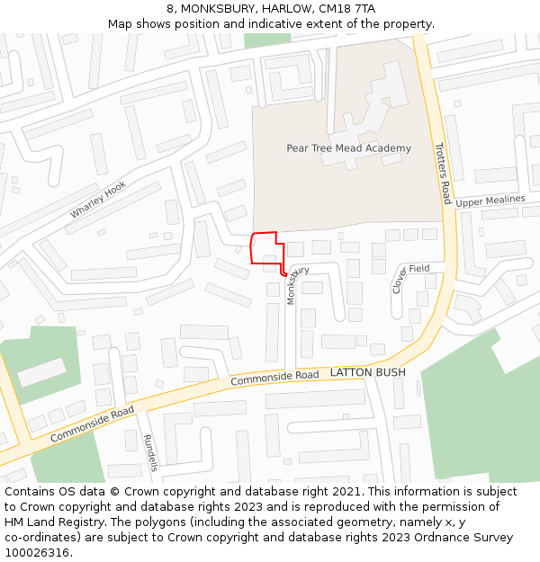 8, MONKSBURY, HARLOW, CM18 7TA: Location map and indicative extent of plot