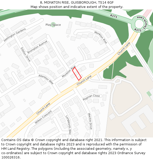 8, MONKTON RISE, GUISBOROUGH, TS14 6GF: Location map and indicative extent of plot