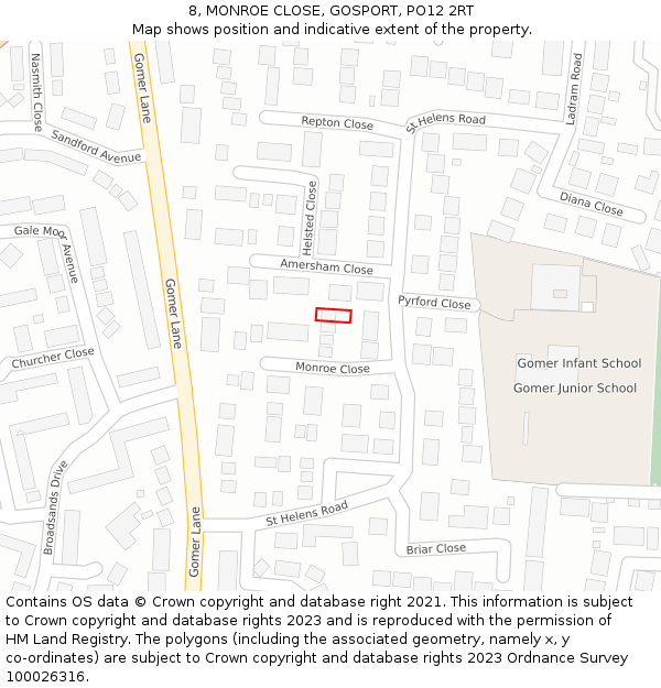 8, MONROE CLOSE, GOSPORT, PO12 2RT: Location map and indicative extent of plot