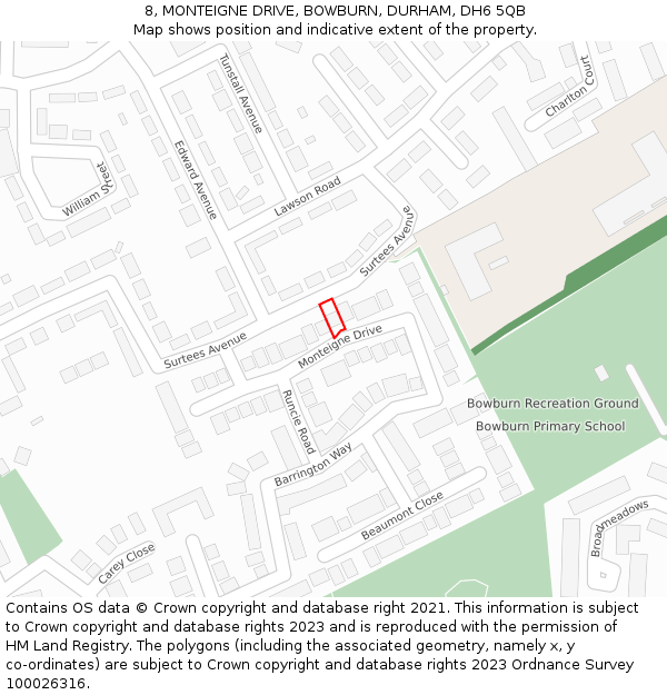 8, MONTEIGNE DRIVE, BOWBURN, DURHAM, DH6 5QB: Location map and indicative extent of plot