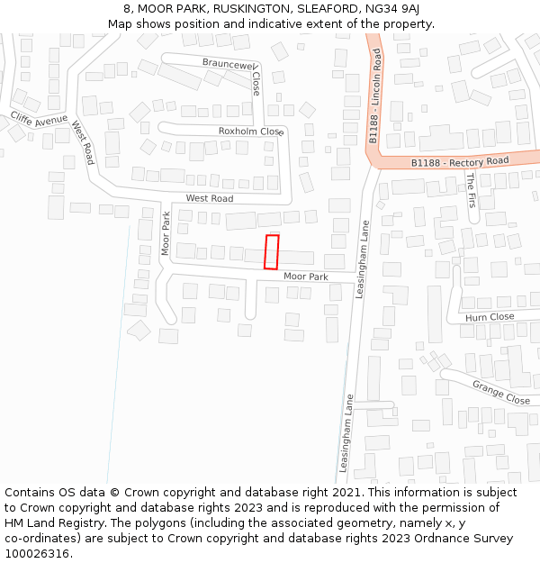 8, MOOR PARK, RUSKINGTON, SLEAFORD, NG34 9AJ: Location map and indicative extent of plot