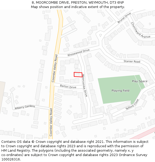 8, MOORCOMBE DRIVE, PRESTON, WEYMOUTH, DT3 6NP: Location map and indicative extent of plot