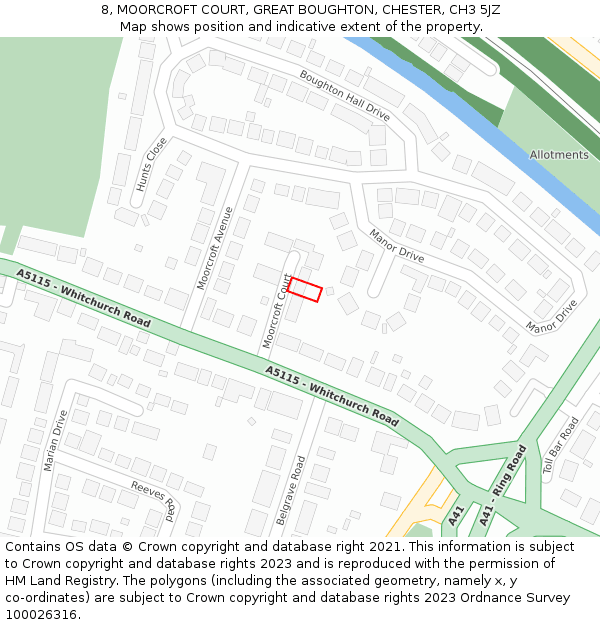 8, MOORCROFT COURT, GREAT BOUGHTON, CHESTER, CH3 5JZ: Location map and indicative extent of plot