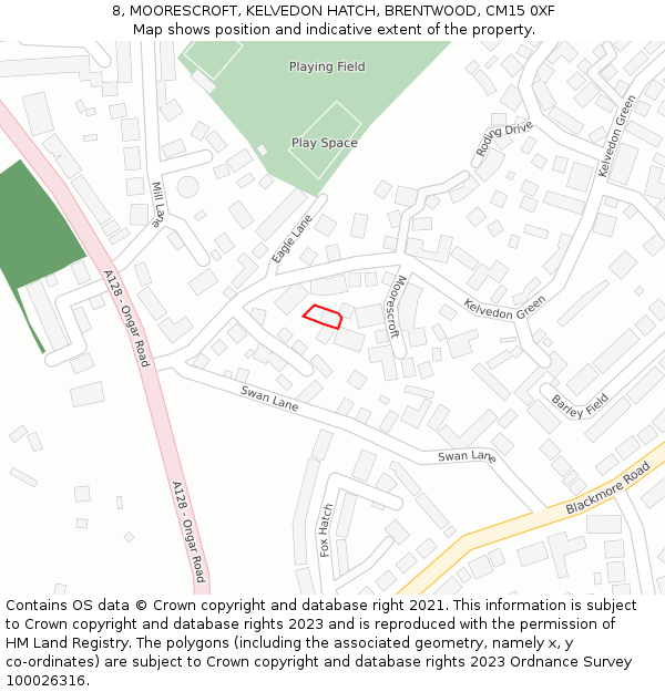 8, MOORESCROFT, KELVEDON HATCH, BRENTWOOD, CM15 0XF: Location map and indicative extent of plot