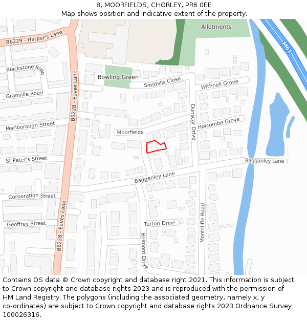 8, MOORFIELDS, CHORLEY, PR6 0EE: Location map and indicative extent of plot