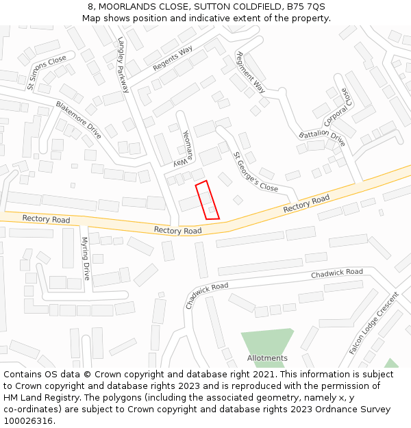 8, MOORLANDS CLOSE, SUTTON COLDFIELD, B75 7QS: Location map and indicative extent of plot