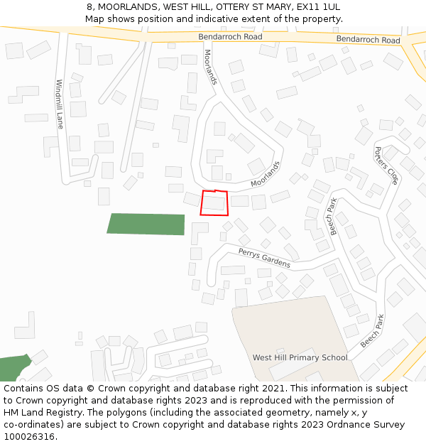 8, MOORLANDS, WEST HILL, OTTERY ST MARY, EX11 1UL: Location map and indicative extent of plot