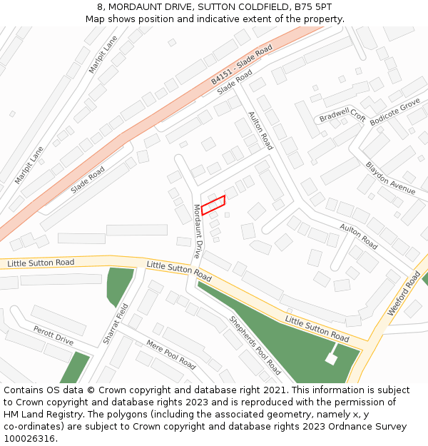 8, MORDAUNT DRIVE, SUTTON COLDFIELD, B75 5PT: Location map and indicative extent of plot