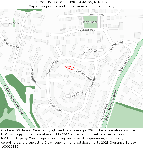 8, MORTIMER CLOSE, NORTHAMPTON, NN4 8LZ: Location map and indicative extent of plot