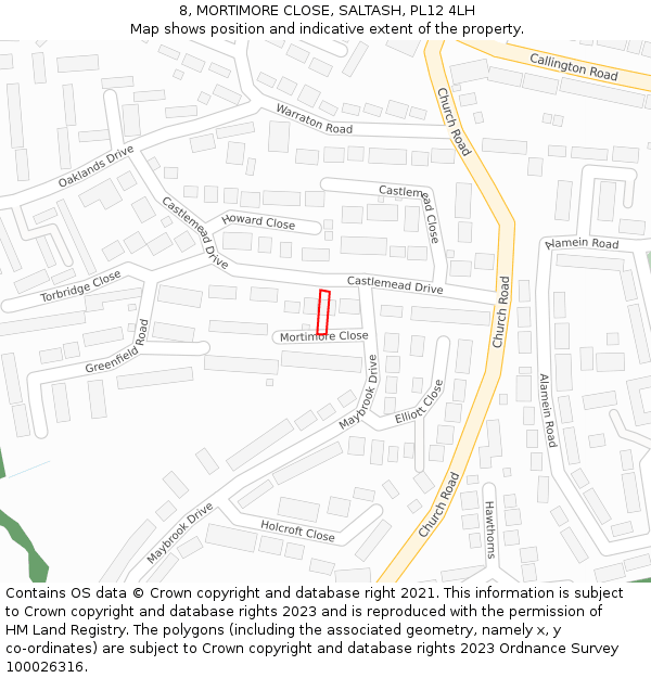 8, MORTIMORE CLOSE, SALTASH, PL12 4LH: Location map and indicative extent of plot