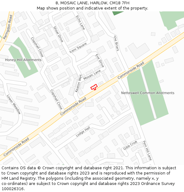 8, MOSAIC LANE, HARLOW, CM18 7FH: Location map and indicative extent of plot