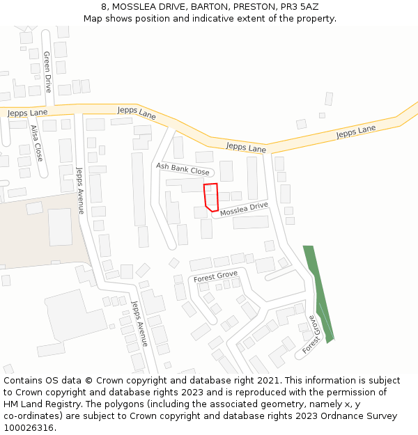 8, MOSSLEA DRIVE, BARTON, PRESTON, PR3 5AZ: Location map and indicative extent of plot