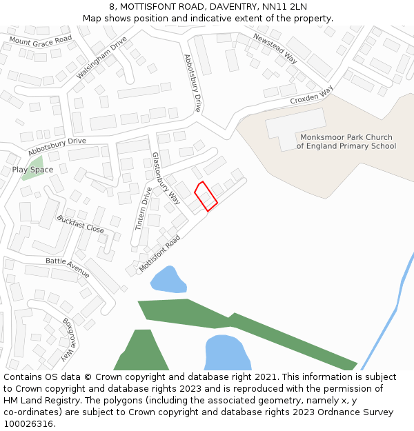 8, MOTTISFONT ROAD, DAVENTRY, NN11 2LN: Location map and indicative extent of plot