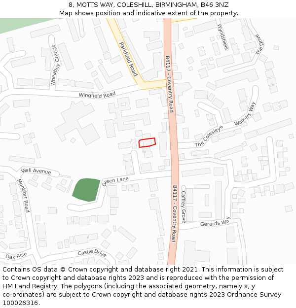 8, MOTTS WAY, COLESHILL, BIRMINGHAM, B46 3NZ: Location map and indicative extent of plot