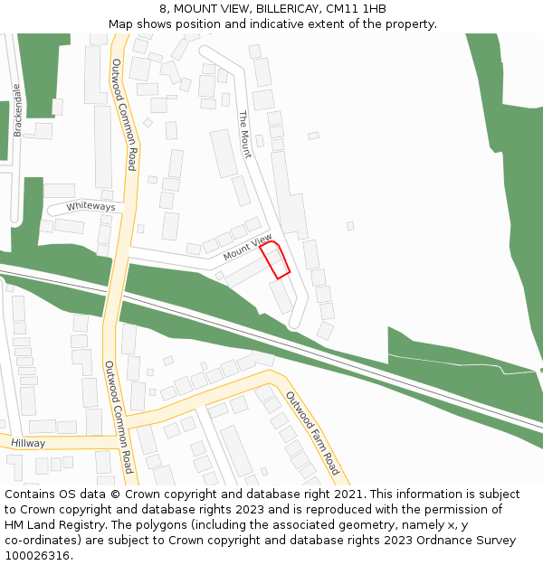 8, MOUNT VIEW, BILLERICAY, CM11 1HB: Location map and indicative extent of plot