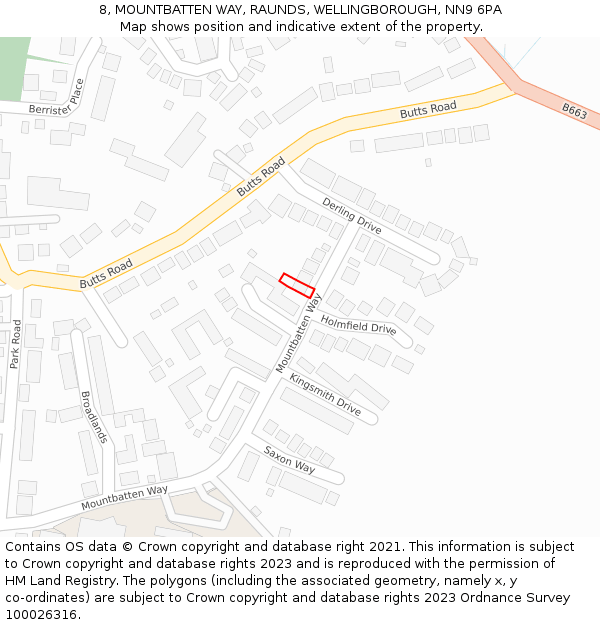 8, MOUNTBATTEN WAY, RAUNDS, WELLINGBOROUGH, NN9 6PA: Location map and indicative extent of plot
