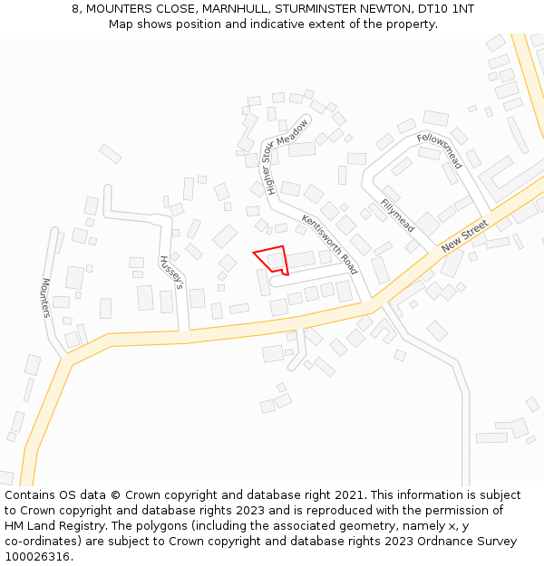 8, MOUNTERS CLOSE, MARNHULL, STURMINSTER NEWTON, DT10 1NT: Location map and indicative extent of plot