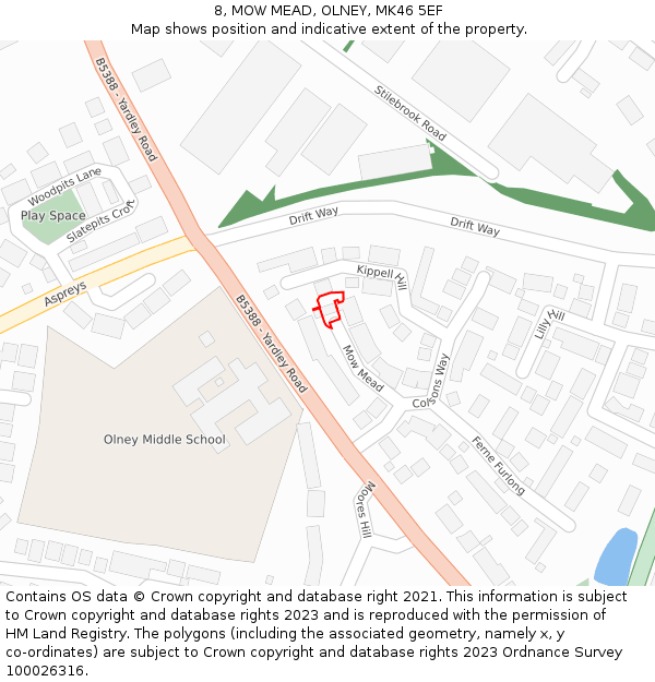 8, MOW MEAD, OLNEY, MK46 5EF: Location map and indicative extent of plot