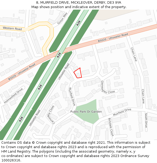8, MUIRFIELD DRIVE, MICKLEOVER, DERBY, DE3 9YA: Location map and indicative extent of plot