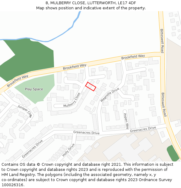 8, MULBERRY CLOSE, LUTTERWORTH, LE17 4DF: Location map and indicative extent of plot