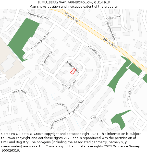 8, MULBERRY WAY, FARNBOROUGH, GU14 9UF: Location map and indicative extent of plot
