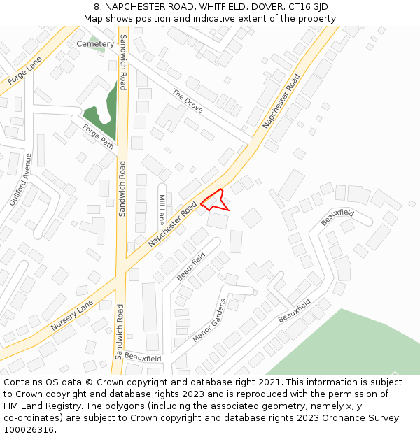 8, NAPCHESTER ROAD, WHITFIELD, DOVER, CT16 3JD: Location map and indicative extent of plot