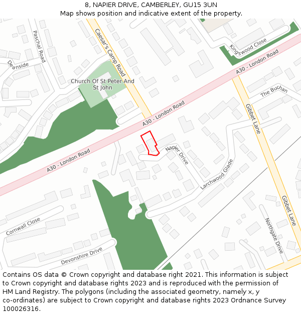 8, NAPIER DRIVE, CAMBERLEY, GU15 3UN: Location map and indicative extent of plot