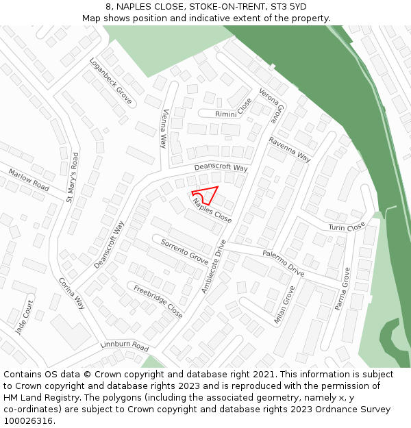 8, NAPLES CLOSE, STOKE-ON-TRENT, ST3 5YD: Location map and indicative extent of plot