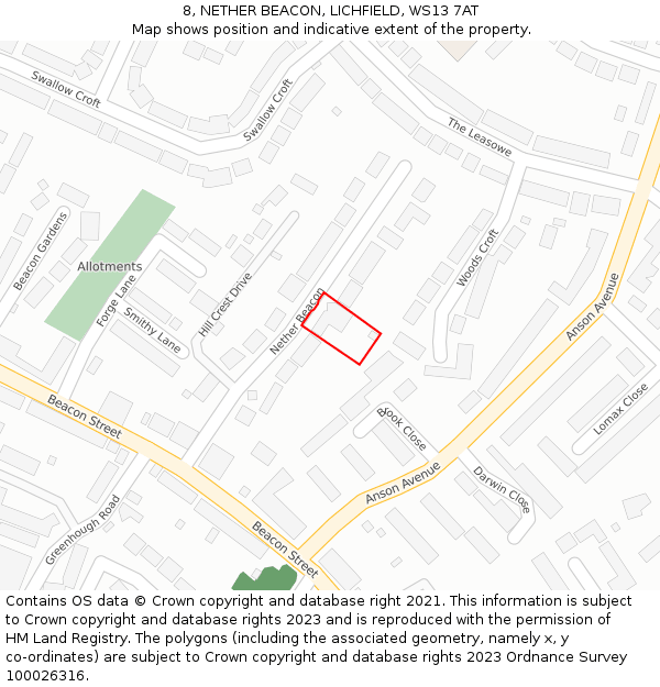 8, NETHER BEACON, LICHFIELD, WS13 7AT: Location map and indicative extent of plot