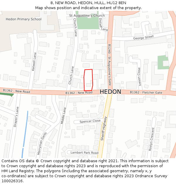 8, NEW ROAD, HEDON, HULL, HU12 8EN: Location map and indicative extent of plot