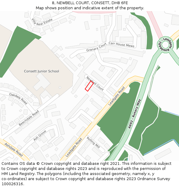 8, NEWBELL COURT, CONSETT, DH8 6FE: Location map and indicative extent of plot