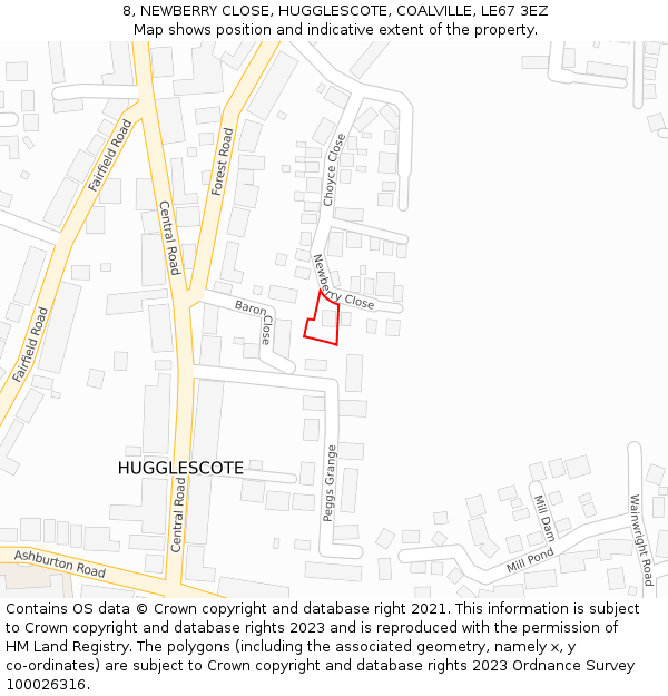8, NEWBERRY CLOSE, HUGGLESCOTE, COALVILLE, LE67 3EZ: Location map and indicative extent of plot