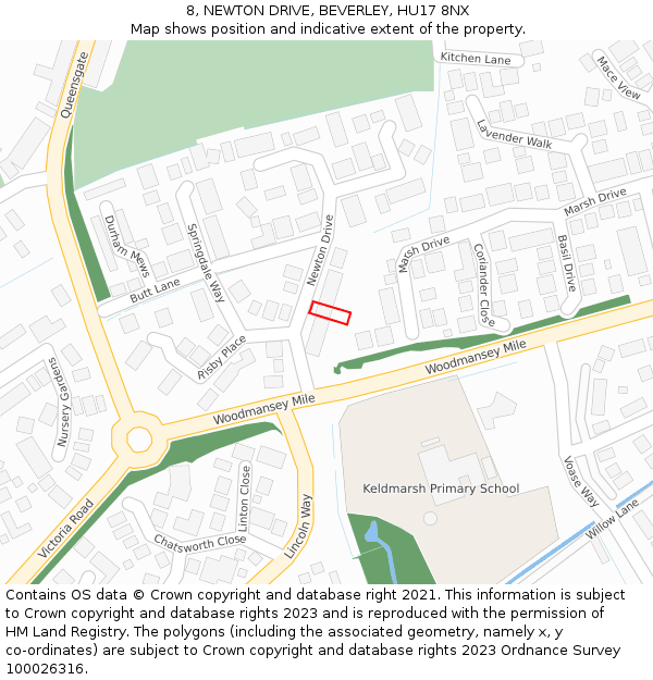 8, NEWTON DRIVE, BEVERLEY, HU17 8NX: Location map and indicative extent of plot