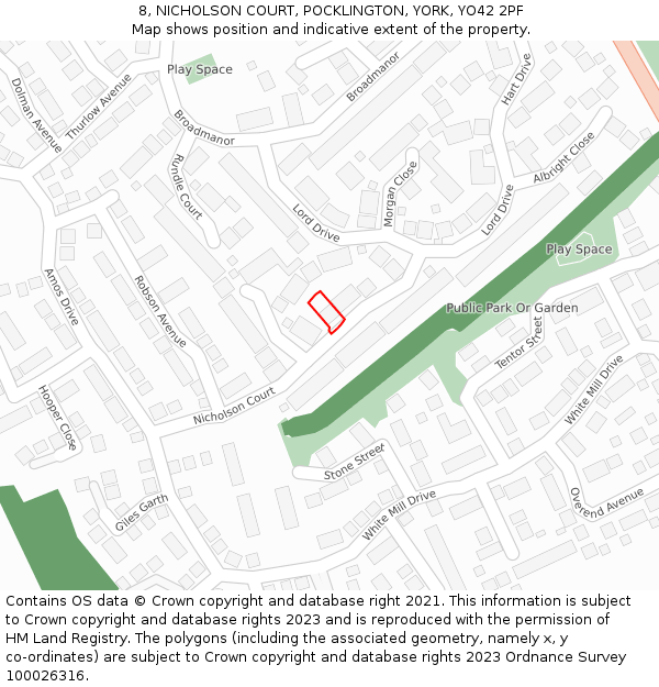 8, NICHOLSON COURT, POCKLINGTON, YORK, YO42 2PF: Location map and indicative extent of plot