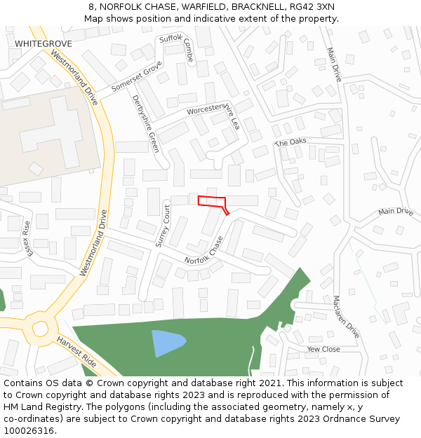 8, NORFOLK CHASE, WARFIELD, BRACKNELL, RG42 3XN: Location map and indicative extent of plot