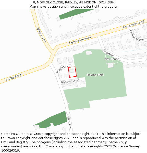 8, NORFOLK CLOSE, RADLEY, ABINGDON, OX14 3BH: Location map and indicative extent of plot