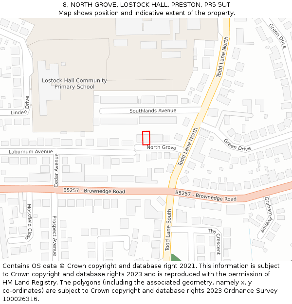 8, NORTH GROVE, LOSTOCK HALL, PRESTON, PR5 5UT: Location map and indicative extent of plot