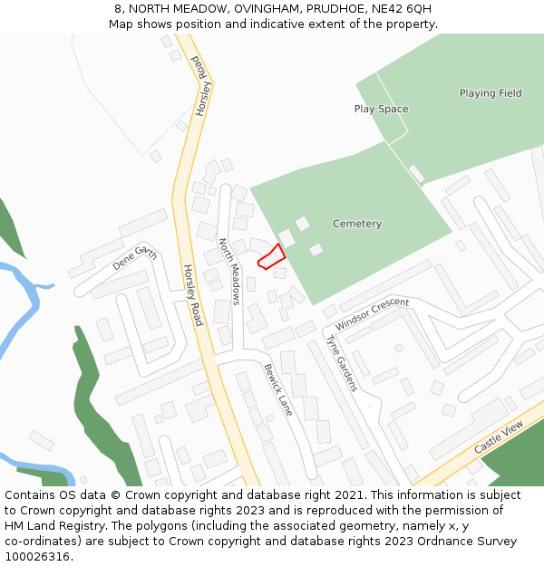 8, NORTH MEADOW, OVINGHAM, PRUDHOE, NE42 6QH: Location map and indicative extent of plot